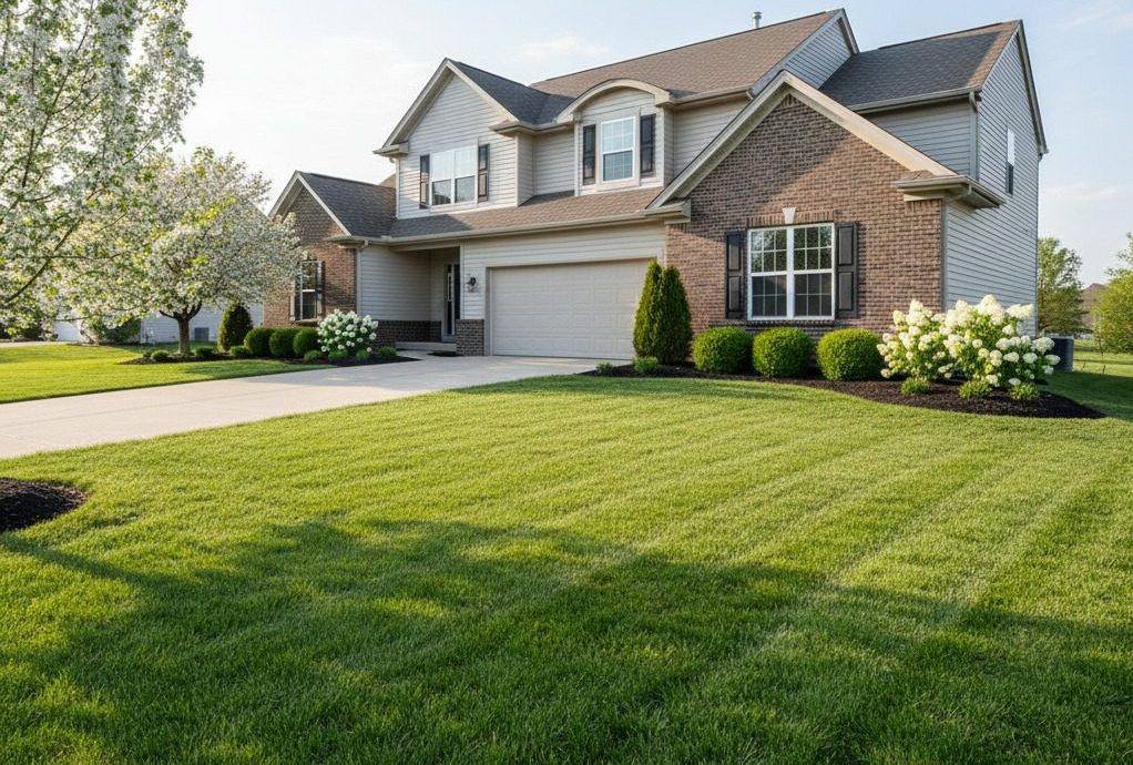 Home with evenly green lawn treated by lawn care service in Indiana